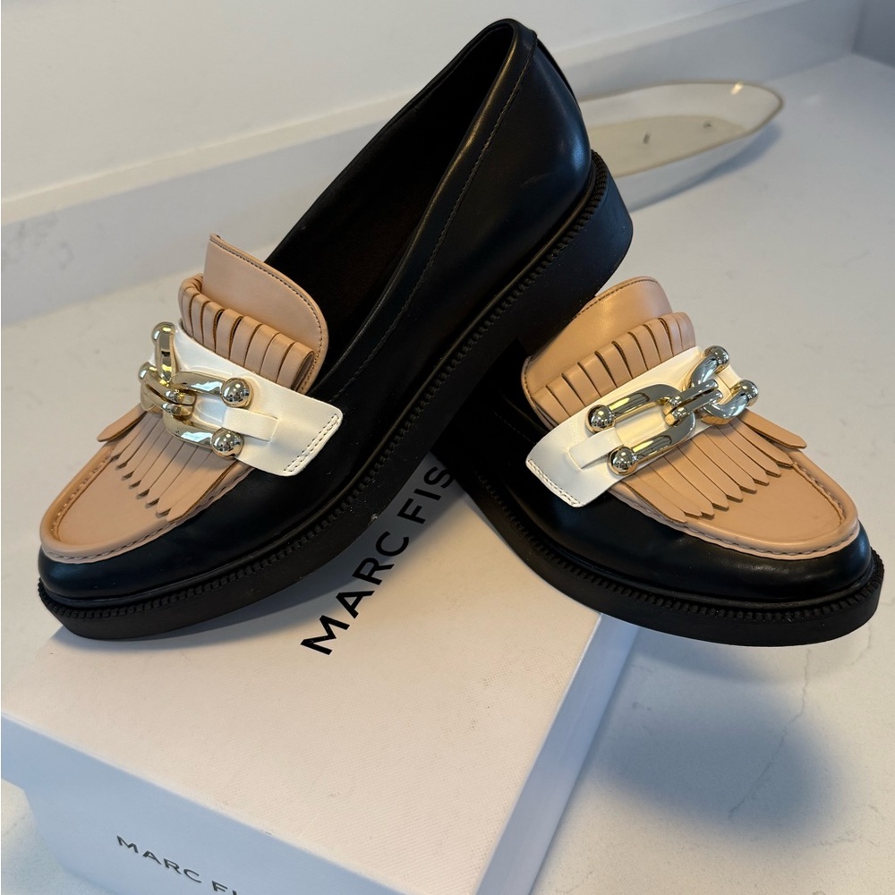Marc Fisher Black and Tan Flats with Gold Chain Detail